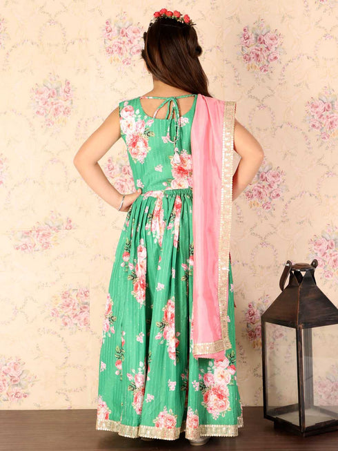 Vastramay Girl's Green Embellished Lehenga Set